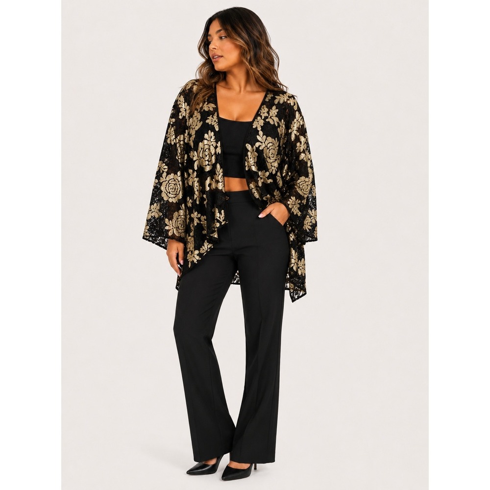Torrid Premium Black Gold Sequin Floral Lace Kimono Wrap Top Plus 4 5 NWT